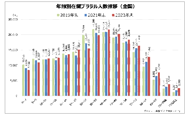 年齢別在留ブラジル人数推移(全国)の表